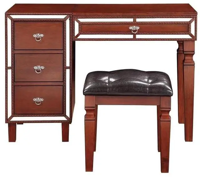 Alt view image 3 of 7 - Traditional Formal Cherry Color Vanity Set w Stool Storage Drawers 1pc Bedroom Furniture Set Tufted Seat Stool