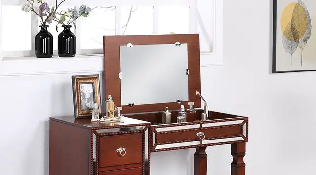 Alt view image 7 of 7 - Traditional Formal Cherry Color Vanity Set w Stool Storage Drawers 1pc Bedroom Furniture Set Tufted Seat Stool