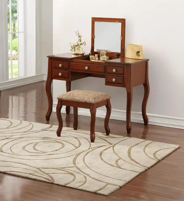 Main image of Classic 1pc Vanity Set w Stool Cherry Color Drawers Open-up Mirror Bedroom Furniture Unique Legs Cushion Seat Stool Vanity