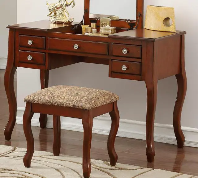 Alt view image 3 of 7 - Classic 1pc Vanity Set w Stool Cherry Color Drawers Open-up Mirror Bedroom Furniture Unique Legs Cushion Seat Stool Vanity