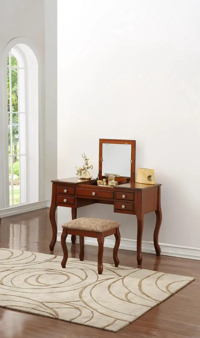 Alt view image 2 of 7 - Classic 1pc Vanity Set w Stool Cherry Color Drawers Open-up Mirror Bedroom Furniture Unique Legs Cushion Seat Stool Vanity
