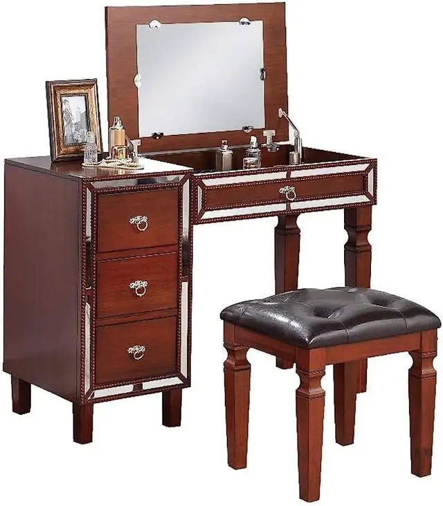 Alt view image 4 of 7 - Traditional Formal Cherry Color Vanity Set w Stool Storage Drawers 1pc Bedroom Furniture Set Tufted Seat Stool