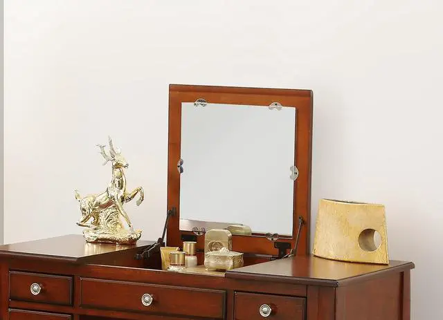 Alt view image 5 of 7 - Classic 1pc Vanity Set w Stool Cherry Color Drawers Open-up Mirror Bedroom Furniture Unique Legs Cushion Seat Stool Vanity
