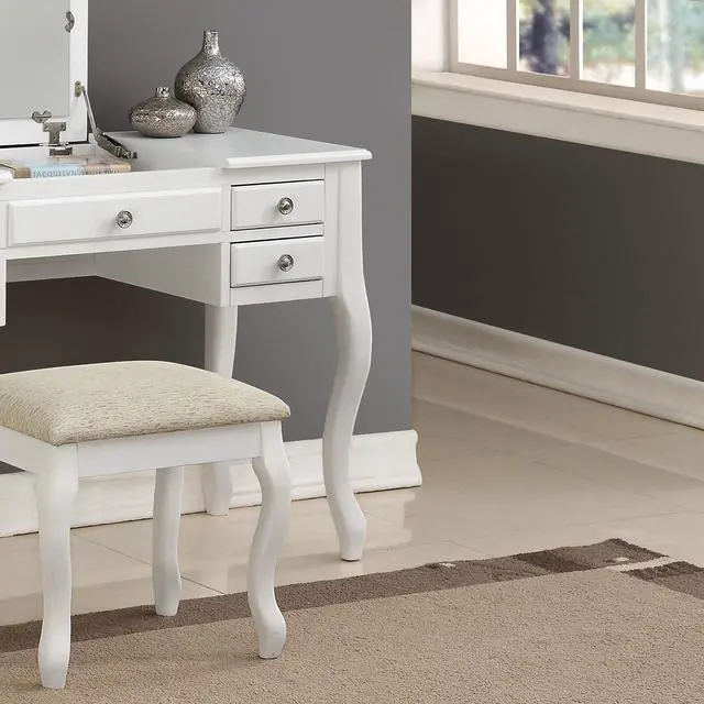 Alt view image 3 of 7 - Classic 1pc Vanity Set w Stool White Color Drawers Open-up Mirror Bedroom Furniture Unique Legs Cushion Seat Stool Vanity