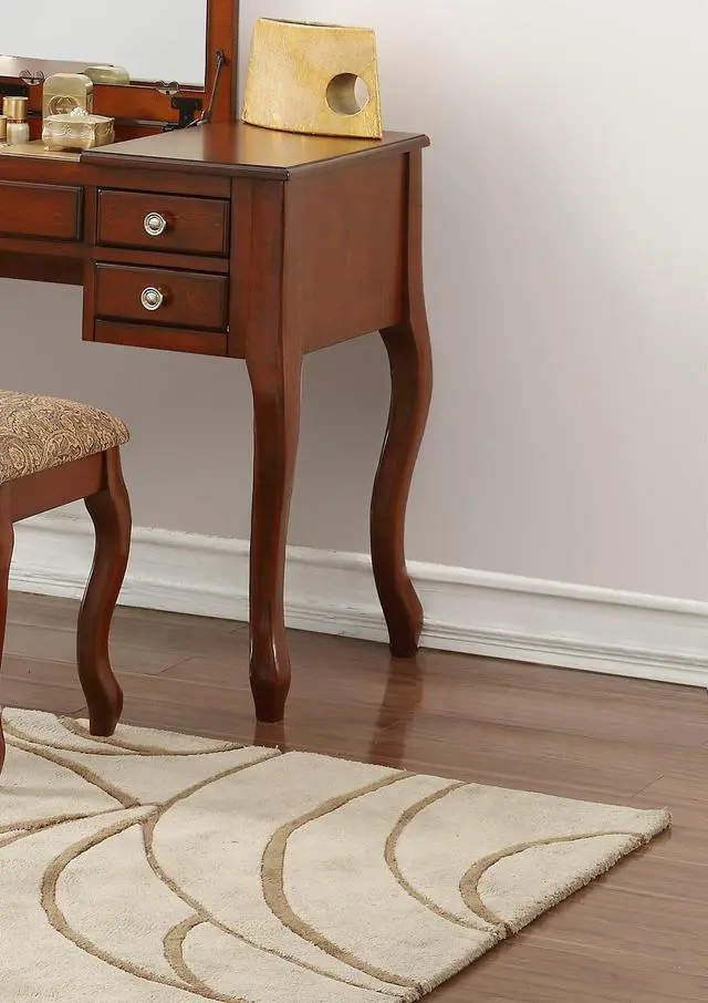 Alt view image 6 of 7 - Classic 1pc Vanity Set w Stool Cherry Color Drawers Open-up Mirror Bedroom Furniture Unique Legs Cushion Seat Stool Vanity