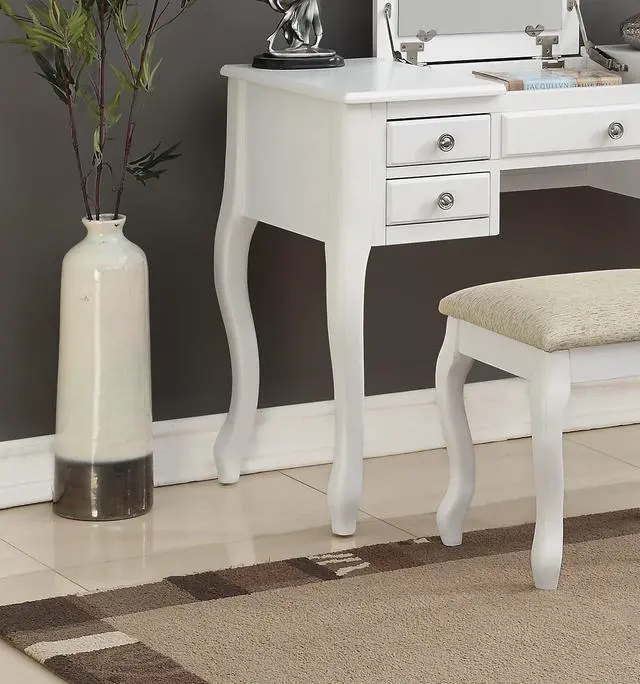 Alt view image 4 of 7 - Classic 1pc Vanity Set w Stool White Color Drawers Open-up Mirror Bedroom Furniture Unique Legs Cushion Seat Stool Vanity