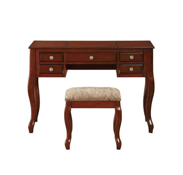 Alt view image 7 of 7 - Classic 1pc Vanity Set w Stool Cherry Color Drawers Open-up Mirror Bedroom Furniture Unique Legs Cushion Seat Stool Vanity