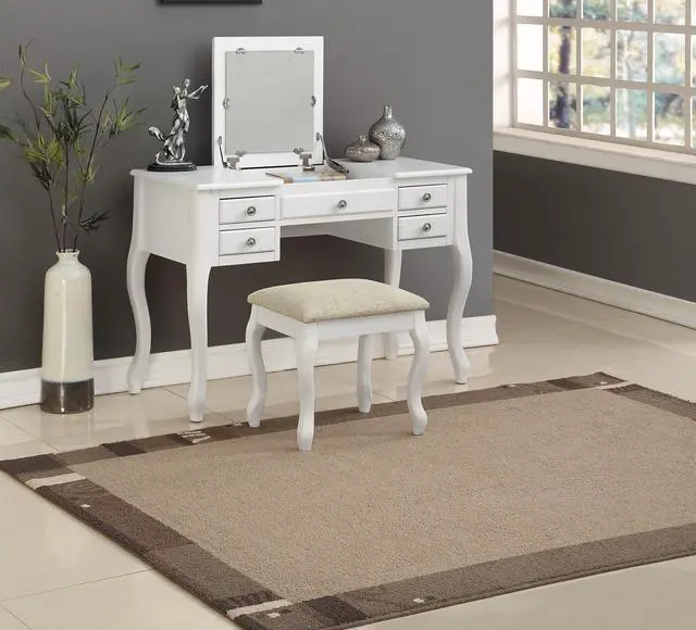 Main image of Classic 1pc Vanity Set w Stool White Color Drawers Open-up Mirror Bedroom Furniture Unique Legs Cushion Seat Stool Vanity
