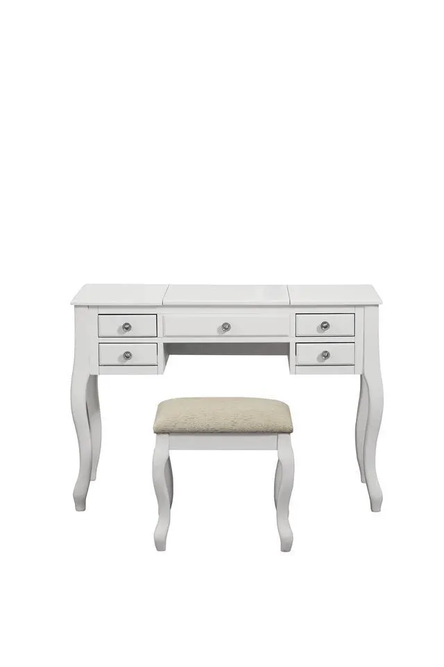 Alt view image 7 of 7 - Classic 1pc Vanity Set w Stool White Color Drawers Open-up Mirror Bedroom Furniture Unique Legs Cushion Seat Stool Vanity