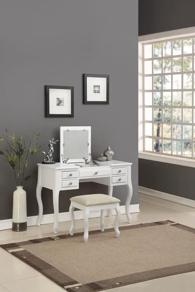 Alt view image 2 of 7 - Classic 1pc Vanity Set w Stool White Color Drawers Open-up Mirror Bedroom Furniture Unique Legs Cushion Seat Stool Vanity