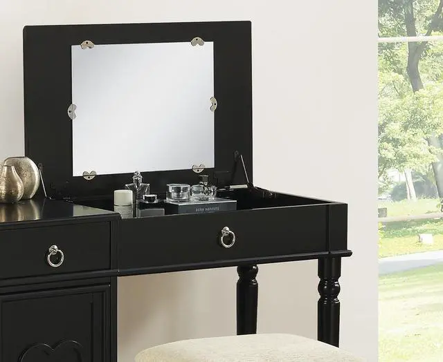 Alt view image 3 of 7 - Bedroom Vanity Set w Stool Open Up Mirror Storage Space Drawers Rubber wood Ring Pull Handles Black Color Vanity