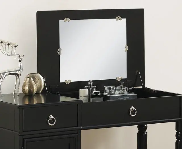Alt view image 7 of 7 - Bedroom Vanity Set w Stool Open Up Mirror Storage Space Drawers Rubber wood Ring Pull Handles Black Color Vanity