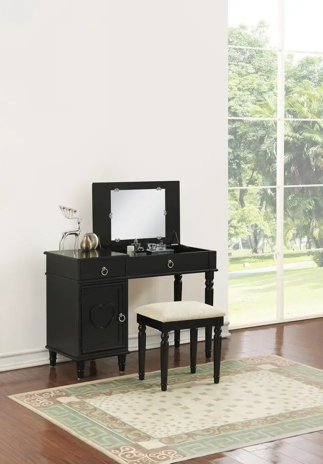 Alt view image 2 of 7 - Bedroom Vanity Set w Stool Open Up Mirror Storage Space Drawers Rubber wood Ring Pull Handles Black Color Vanity