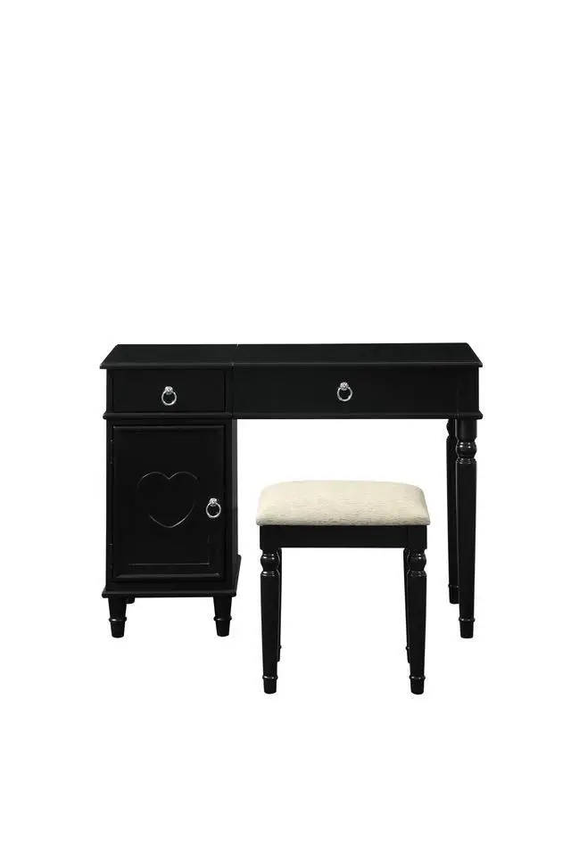 Alt view image 6 of 7 - Bedroom Vanity Set w Stool Open Up Mirror Storage Space Drawers Rubber wood Ring Pull Handles Black Color Vanity