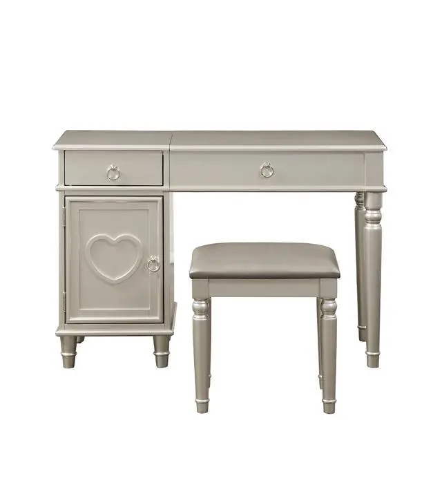 Alt view image 2 of 7 - Bedroom Vanity Set w Stool Open Up Mirror Storage Space Drawers Rubber wood Ring Pull Handles Silver Color Vanity
