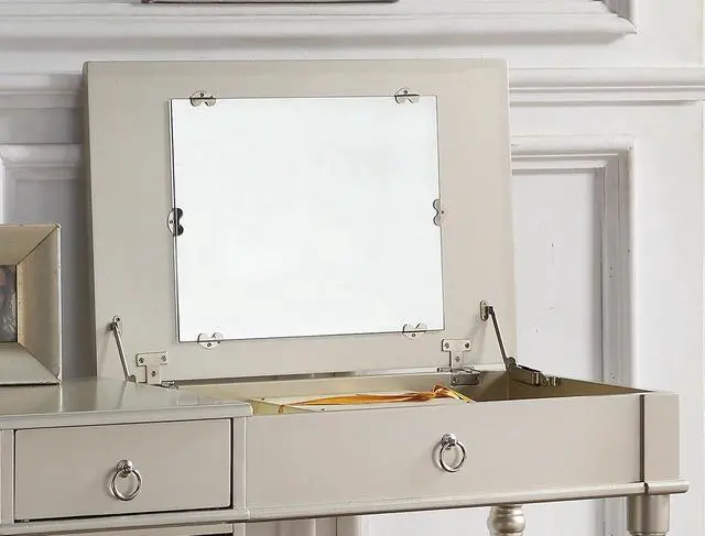 Alt view image 7 of 7 - Bedroom Vanity Set w Stool Open Up Mirror Storage Space Drawers Rubber wood Ring Pull Handles Silver Color Vanity