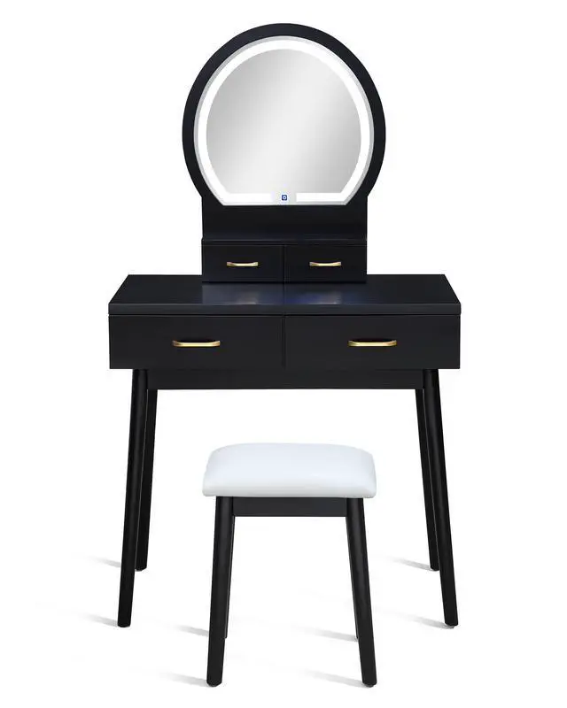 Alt view image 2 of 7 - 3pc Vanity Table and Stool Set Built-in Led-lit Mirror Matching Cushioned Stool Gold-accented Handles Wooden Home Furniture Black