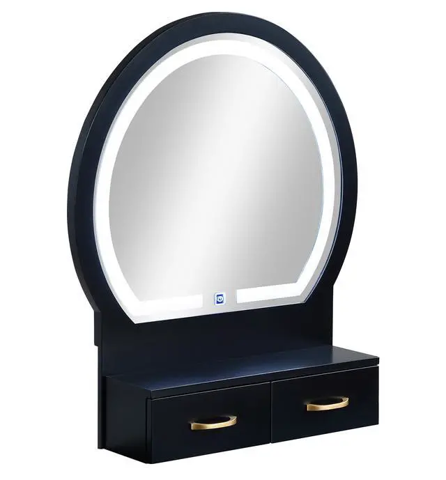 Alt view image 4 of 7 - 3pc Vanity Table and Stool Set Built-in Led-lit Mirror Matching Cushioned Stool Gold-accented Handles Wooden Home Furniture Black