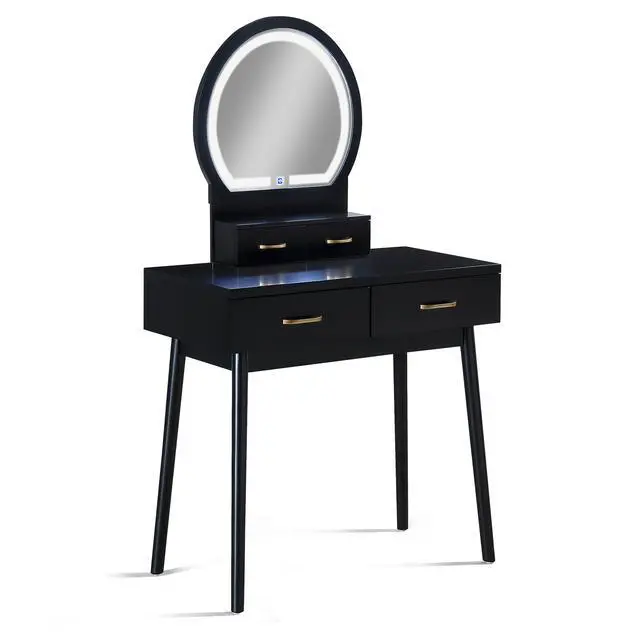 Alt view image 3 of 7 - 3pc Vanity Table and Stool Set Built-in Led-lit Mirror Matching Cushioned Stool Gold-accented Handles Wooden Home Furniture Black
