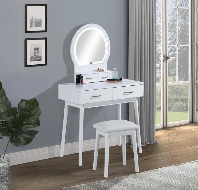 Main image of 3pc Vanity Table and Stool Set Built-in Led-lit Mirror Matching Cushioned Stool Gold-accented Handles Wooden Home Furniture White
