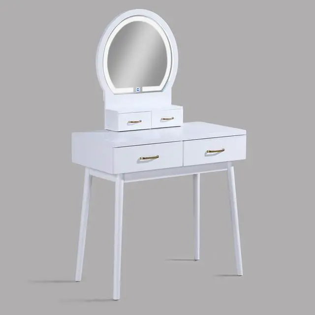 Alt view image 2 of 7 - 3pc Vanity Table and Stool Set Built-in Led-lit Mirror Matching Cushioned Stool Gold-accented Handles Wooden Home Furniture White