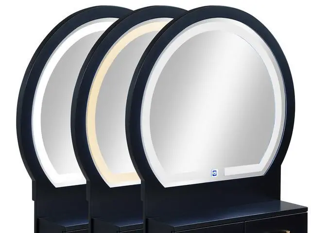 Alt view image 7 of 7 - 3pc Vanity Table and Stool Set Built-in Led-lit Mirror Matching Cushioned Stool Gold-accented Handles Wooden Home Furniture Black