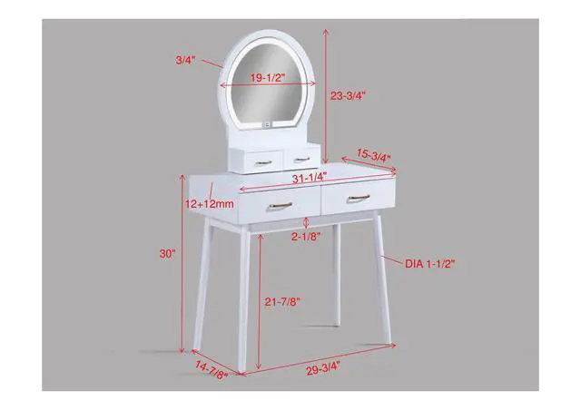 Alt view image 4 of 7 - 3pc Vanity Table and Stool Set Built-in Led-lit Mirror Matching Cushioned Stool Gold-accented Handles Wooden Home Furniture White
