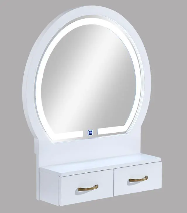 Alt view image 7 of 7 - 3pc Vanity Table and Stool Set Built-in Led-lit Mirror Matching Cushioned Stool Gold-accented Handles Wooden Home Furniture White