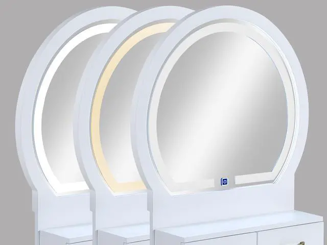 Alt view image 5 of 7 - 3pc Vanity Table and Stool Set Built-in Led-lit Mirror Matching Cushioned Stool Gold-accented Handles Wooden Home Furniture White