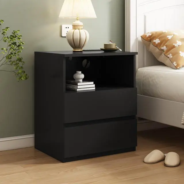 Alt view image 2 of 2 - (Set Of 2)End Table With Fast Usb C Charging Station, Sofa Side Table With 2 Drawers, Large Storage Modern Wood Storage Cabinet For Living Room,Bedroom,Office, Black
