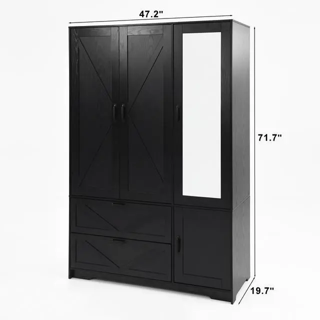 Alt view image 2 of 6 - 4 Doors Wardrobe Closet with Mirror, LED Wardrobe with Doors and 2 Drawers, Wooden Wardrobe Storage Cabinet with Hanging Rod, Adjustable Shelves, Black