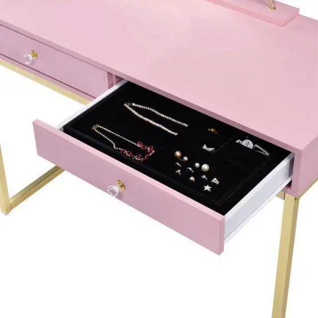 Alt view image 5 of 5 - 2 Drawers Vanity Desk with Mirror and Jewelry Tray, Pink and Gold