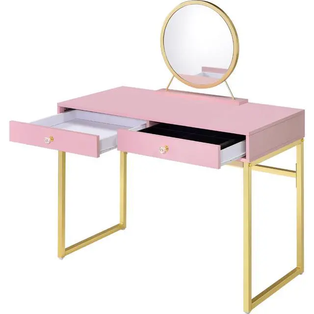Alt view image 4 of 5 - 2 Drawers Vanity Desk with Mirror and Jewelry Tray, Pink and Gold