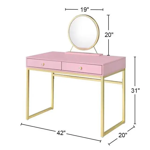 Alt view image 3 of 5 - 2 Drawers Vanity Desk with Mirror and Jewelry Tray, Pink and Gold