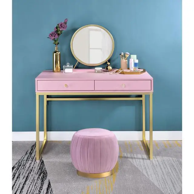 Alt view image 2 of 5 - 2 Drawers Vanity Desk with Mirror and Jewelry Tray, Pink and Gold