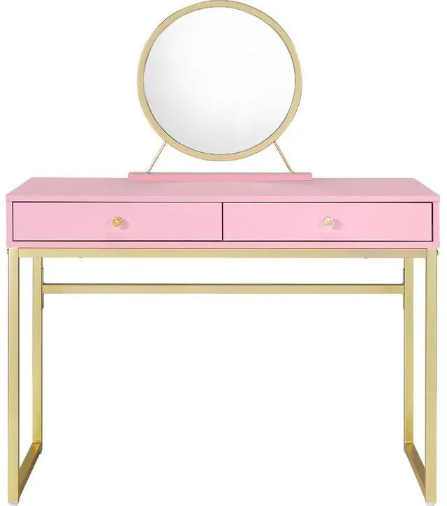 Main image of 2 Drawers Vanity Desk with Mirror and Jewelry Tray, Pink and Gold