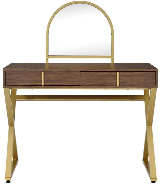 Main image of 2 Drawers Vanity Desk with Mirror and Jewelry Tray, Walnut and Gold