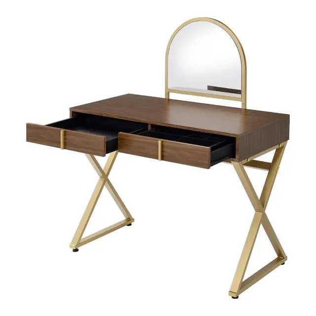 Alt view image 4 of 5 - 2 Drawers Vanity Desk with Mirror and Jewelry Tray, Walnut and Gold