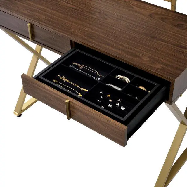 Alt view image 5 of 5 - 2 Drawers Vanity Desk with Mirror and Jewelry Tray, Walnut and Gold