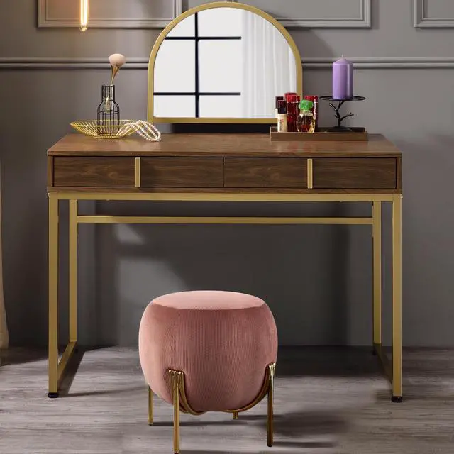 Alt view image 2 of 5 - 2 Drawers Vanity Desk with Mirror and Jewelry Tray, Walnut and Gold