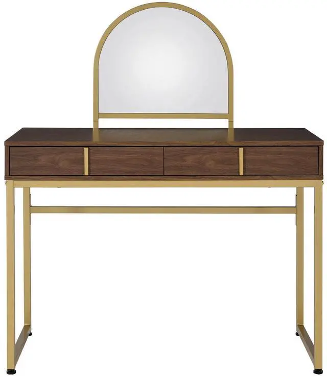 Main image of 2 Drawers Vanity Desk with Mirror and Jewelry Tray, Walnut and Gold