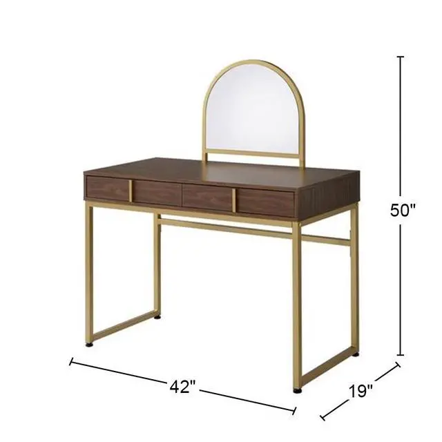 Alt view image 3 of 5 - 2 Drawers Vanity Desk with Mirror and Jewelry Tray, Walnut and Gold