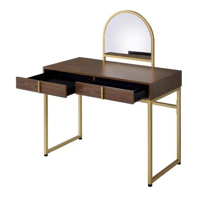 Alt view image 4 of 5 - 2 Drawers Vanity Desk with Mirror and Jewelry Tray, Walnut and Gold