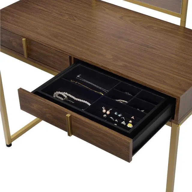 Alt view image 5 of 5 - 2 Drawers Vanity Desk with Mirror and Jewelry Tray, Walnut and Gold