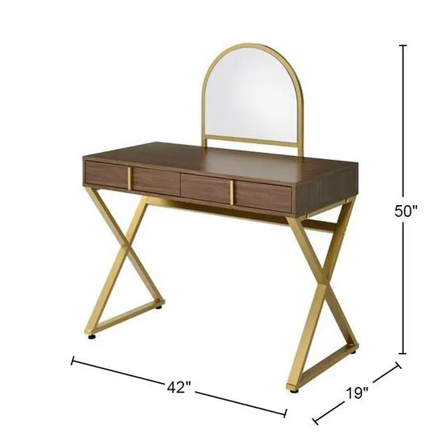 Alt view image 3 of 5 - 2 Drawers Vanity Desk with Mirror and Jewelry Tray, Walnut and Gold