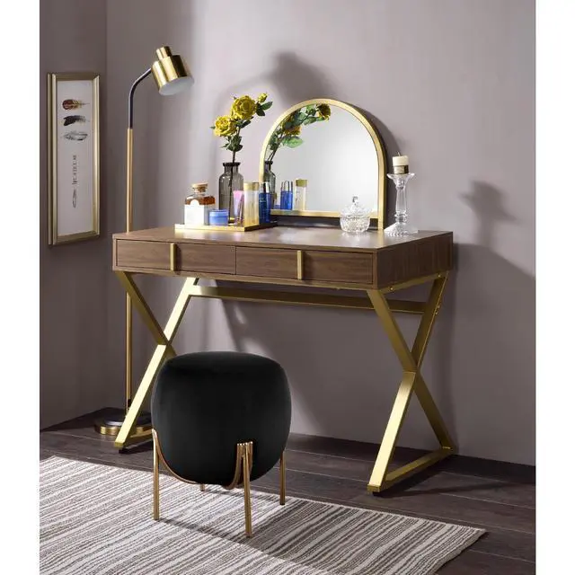 Alt view image 2 of 5 - 2 Drawers Vanity Desk with Mirror and Jewelry Tray, Walnut and Gold