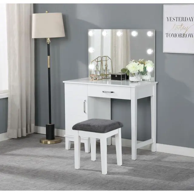 Alt view image 2 of 6 - Elijah White and Dark Grey Vanity Set with Lighting and Stool