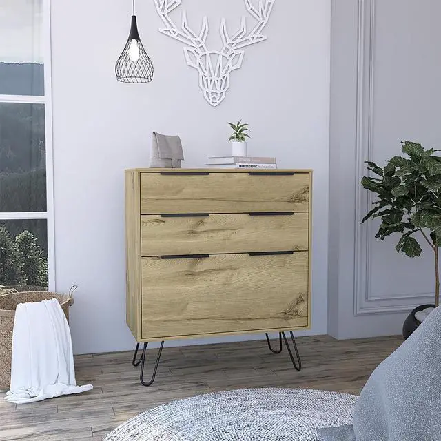 Main image of Augusta Dresser, Hairpin Legs, Three Drawers, Superior Top -Light Oak