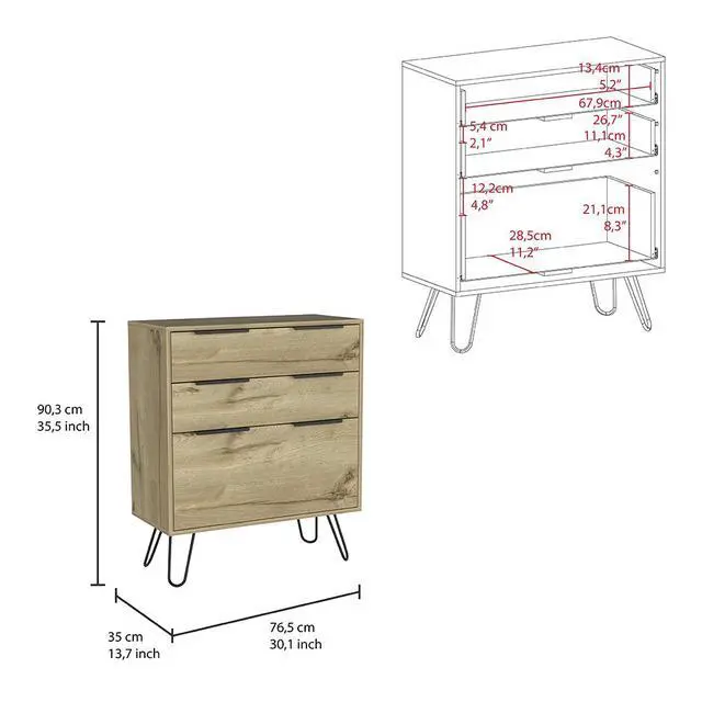 Alt view image 3 of 7 - Augusta Dresser, Hairpin Legs, Three Drawers, Superior Top -Light Oak