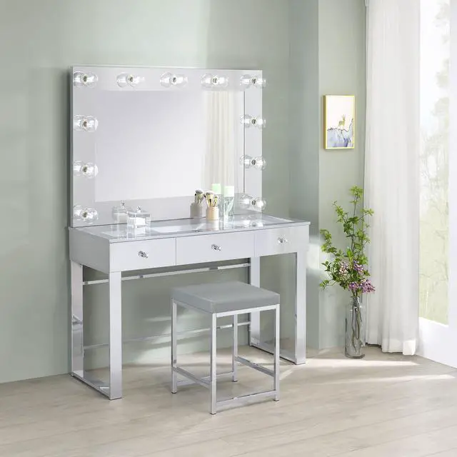 Alt view image 7 of 7 - Trevor Chrome 3-drawer Makeup Vanity Table with Mirror